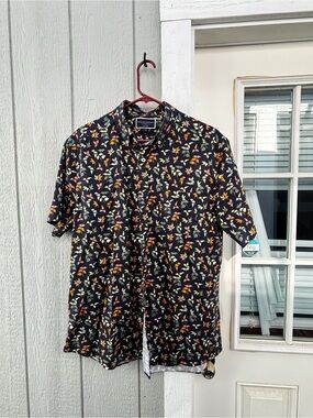 Charles Tyrwhitt Navy Short-Sleeve Button-Down Shirt with Floral Print Large